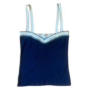 Anonymous navy cotton tank with ivory elastic ribbon detail and straps